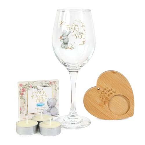 Me to You Tatty Teddy Wine Glass, Wooden Tealight Holder & Secret Message Tealights in Luxury Gift Box - Signature Collection, Colorless (Clear)