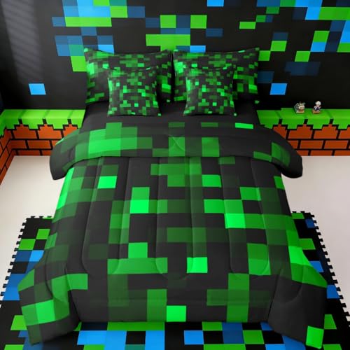 jejeloiu Pixelated Neon Green Black Full Size Comforter Set with Sheets???Pillowcases & Cushion Cover 7 Piece Bedding Set Super Soft Kids Girls Boys Bedroom Decor Gamepad Grid Bed in a Bag