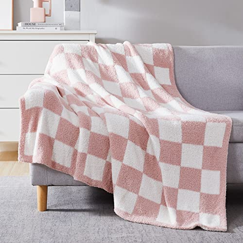 "WRENSONGE Checkered Throw Blanket, Pink Microfiber Soft Cozy Fluffy Warm Hand Made Weave Throw Blankets for Couch, Sofa, Chair, Bed, Camping, Picnic, Travel Lightweight Bed Blanket - 50""*70"""