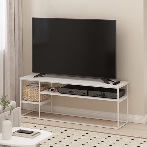 Furinno MORETTI Modern Lifestyle TV Stand, Entertainment Center for TV up to 65 Inch, for Living Room, Bedroom, White/White