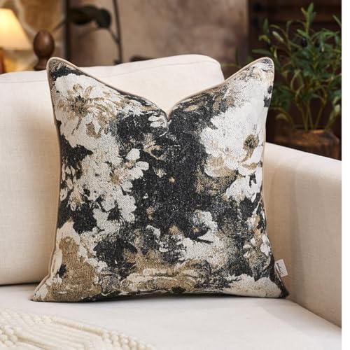 Yangest Neutral Flower Pillow Cover 20 x 20 Inches, Nature Chenille Square Throw Pillow Cover Soft Luxury Accent Couch Pillow Cover for Living Room Bedroom, Black