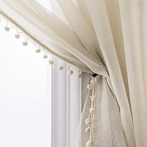 MISS SELECTEX Linen Look Pom Pom Tasseled Sheer Curtains - Rod Pocket Voile Semi-Sheer Curtains for Living and Bedroom, Set of 2 Curtain Panels (52 x 108 inch, Nature)