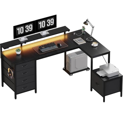 JUMMICO Corner Desk with Cabinet, Reversible L Shaped Computer Desk with Power Outlet and USB Ports, LED Lights and Hooks, Ideal Gaming Desk for Home Office, 160 x 120 cm, Black