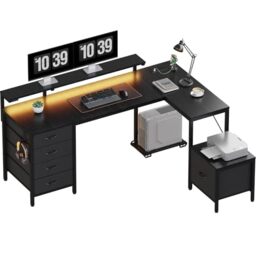JUMMICO Corner Desk with Cabinet, Reversible L Shaped Computer Desk with Power Outlet and USB Ports, LED Lights and Hooks, Ideal Gaming Desk for Home Office, 160 x 120 cm, Black