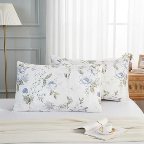 "Cozaline King Size Pillowcases Set of 2, 100% Cotton Pillow Cases, Green and Blue Floral Print, Soft Breathable Envelope Closure Pillow Covers(King, 20""x36"")"