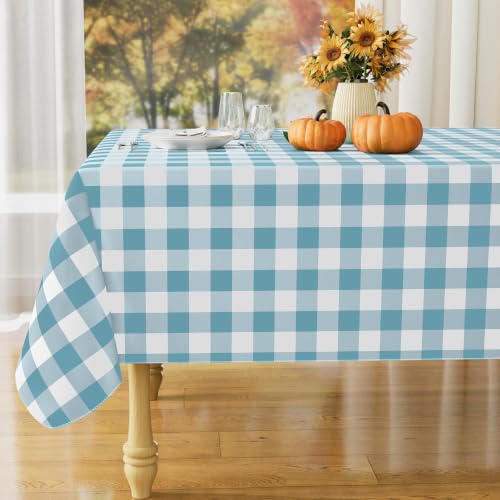"misaya Rectangle Waterproof Vinyl Table Cloth, Buffalo Flannel Backed Tablecloth, Wipeable Plastic Table Cover for Dinner, Kitchen, Outdoor (52"" x 70"", Aquamarine and White)"