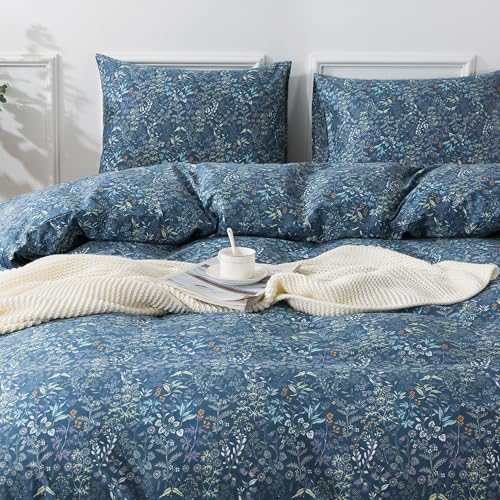HoneiLife Duvet Cover Set - 100% Cotton Herbs Pattern Comforter, Soft and Breathable Bedding Set with Zipper Closure & Corner Ties, 3pcs(1Duvet Cover+2 Pillow Case)-Blueblack, King