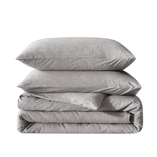 BFS HOME Linen Duvet Cover Tiwn Size - Soft Breathable Cotton Linen Blend, 3-Pieces Bedding Set with 2 Pillowcases, Stonewashed Texture, Grey, All-Season Comfort