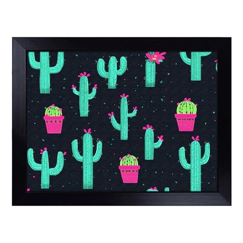 Lap Tray with Bean Bag Cushion, Cactus Art - Handmade in the UK, Raised Wooden Edge, Padded Cushion, Heat-Resistant Wipe-Clean Surface, for Meals, Laptops and Crafts
