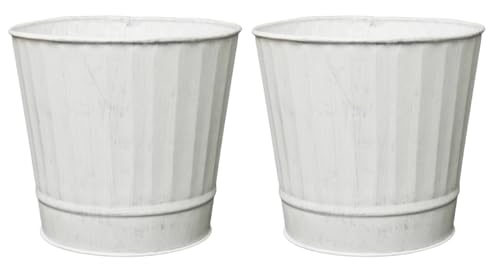 "Hosley Pack of 2 White Wash Metal Planters, 5"" Diameter x 4.8"" High Rustic Farmhouse Buckets for Floral Arrangements, Weddings, Parties, Events & Home D??cor"