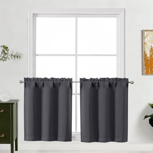 "Lecloud Grey Kitchen Curtains 24 Inch Length 2 Pcs, Privacy Modern Room Darkening Curtain, Thermal Window Treatments Drapes Rod Pockets for Cafe Bedroom Cabinet Camper, Each Panel 30"" W x 24"" L"