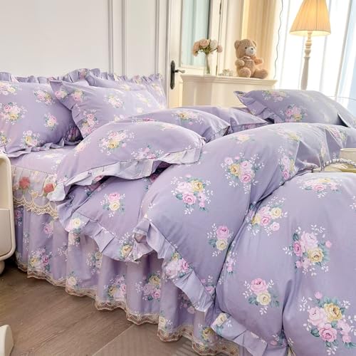 "AMZTOP Boho Floral Duvet Cover Set Twin Size 3 Pcs,Purple Flower 100% Cotton Soft Comfy Bedding Set with Ruffles,Breathable Lightweight Comforter Covers with 2 Pillowcases 68""??86"""