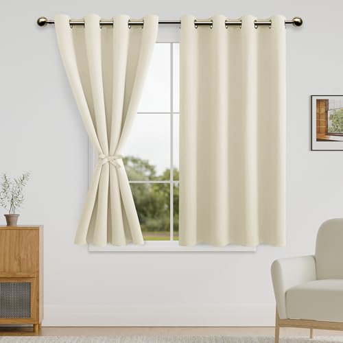 DWCN Blackout Curtains for Bedroom with Tiebacks - Room Darkening Privacy Grommet Top Window Curtains for Living Room, 52 x 54 inch Length, Light Beige, Set of 2 Panels