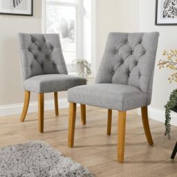 Home Source Samara Dining Chairs – Set of 2 Upholstered Chairs with Tufted Back, Foam Cushions & Solid Wooden Legs – Comfortable Fabric Dining Room (150kg Capacity, Grey)
