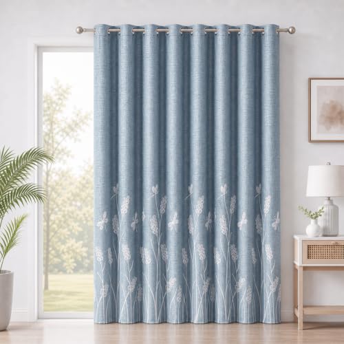 "Melodieux Wheat Embroidery Extra Wide Curtain for Living Room Patio Sliding Door, Rustic Floral Patterned Room Darkening Linen Textured Grommet Drape, White Wheat/Blue, 100"" W x 96"" L, 1 Panel"