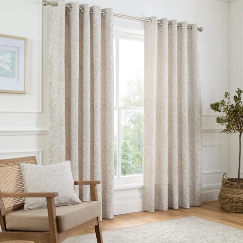 "Curtina - Natural Linen Floral & Bird Woven Curtains W66 x L72"" (168 x 183cm) - Cream Eyelet Curtains with Flowers - Traditional Curtains & Drapes for Living Room & Bedroom - Jacquard Thermal Curtains"