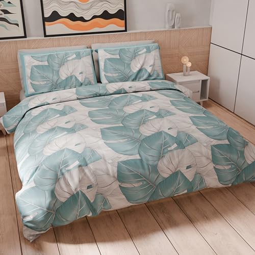 PETTI Artigiani Italiani - Single Duvet Cover Set 200 x 140 cm (1 Pillowcase 63 x 63 cm Included), Microfibre Duvet Cover Set with Digital Print Tropical Light Blue A - Made in Italy