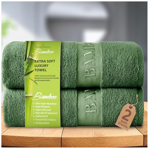 GC GAVENO CAVAILIA Bamboo Bath Sheet Extra Large (90x140cm) - 500 GSM Super Water Absorbent Towels Large Bamboo Towels 2 Pack (60% Bamboo, 40% Cotton) - Extra Soft Towel Bath Sheets - Green