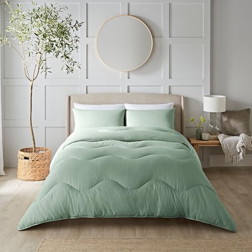 Night Lark Coverless Duvet Super King 4.5 Tog Seersucker Set - Meadow Green. Supersoft, Cosy and Lightweight Quilt. A Machine Washable, Hypoallergenic, Quick Drying All in One Comforter & Pillowcases