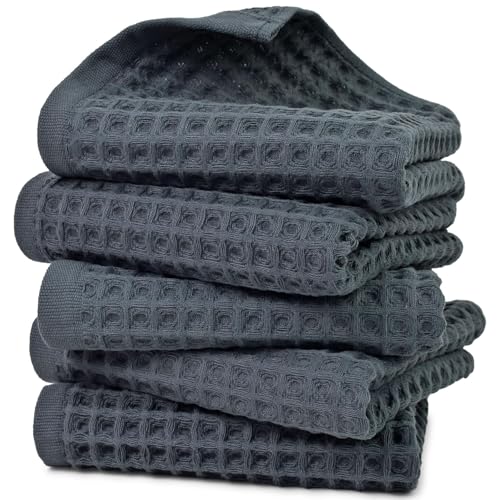 Jacquotha Waffle Hand Towels for Bathroom 5-Piece (Charcoal Blue) ??? Cotton Quick Dry Lint Free Face Towels 13??? x 29???