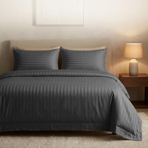 Casabella Satin Stripe Duvet Cover Sets -Luxurious King Grey Bedding with Stripes, King size Duvet Cover Sets, Hotel Quality King Size Duvet & Pillowcases, Grey Satin Stripe Duvet King Size