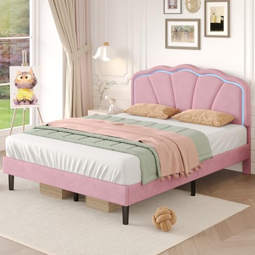Ball & Cast Double Shell Shape Upholstered Bed Frame with LED & Adjustable Headboard,4ft6(135 x 190Cm) Soft Velvet Platform Bed,No Box Spring Needed, App or Remote Control, No Mattress, Pink