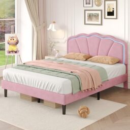 Ball & Cast Double Shell Shape Upholstered Bed Frame with LED & Adjustable Headboard,4ft6(135 x 190Cm) Soft Velvet Platform Bed,No Box Spring Needed, App or Remote Control, No Mattress, Pink