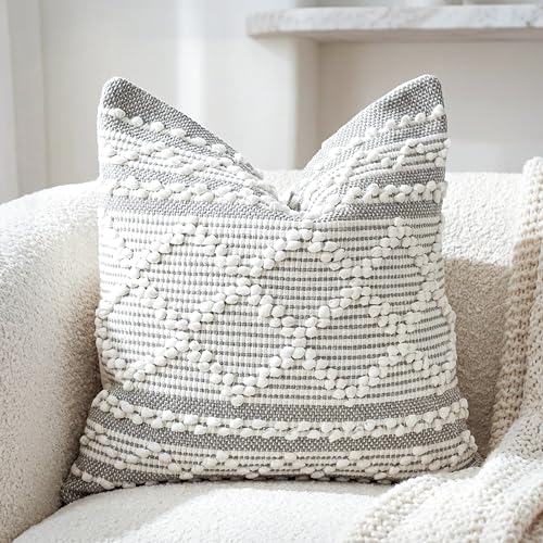 BlissBlush Gray White Decorative Throw Pillow Cover 20X20, Boho Accent Pillow for Couch, Square Modern Farmhouse Pillowcase for Living Room Couch Sofa Cushion Home D??cor (Pack of 1)