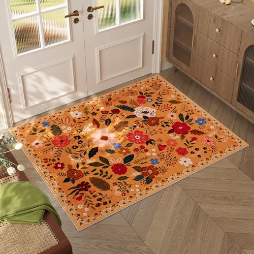Rugcomf Door Mat Indoor Entrance 2x3 Rug Machine Washable Boho Floral Small Area Rug Non-Slip Low Pile Throw Rugs for Entryway, Kitchen, Front Door Indoor Entrance, Entry, Kids Room (Yellow)