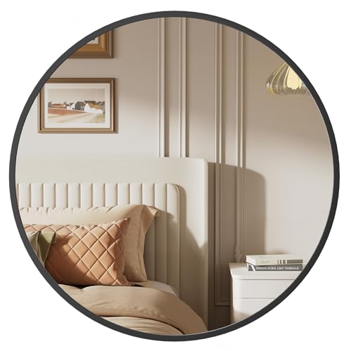 SONGMICS Round Mirror, 40.7 cm Bathroom Mirror for Wall, Metal Frame, Easy to Install, Modern Wall Mirror for Bathroom, Living Room, Bedroom, Entryway, Hallway, Ink Black LWM104B01
