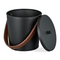 Relaxdays Ash Bucket, with Lid, 4.5 litres, Ash Bin with Leather Handle, for Coal & Ash, Fireplace, Stove, Black/Brown