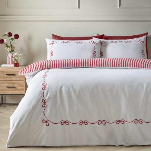 Catherine Lansfield Bow Embroidery Double Duvet Cover Set White/Red