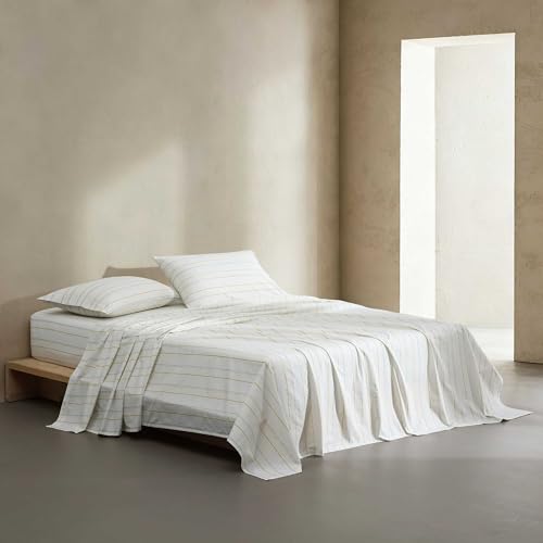 Calvin Klein - Queen Size Sheet Set, Crisp & Tailored Bedding with a Cotton Percale Lightweight Feel, Deep Pockets - Bed Sheets with Matching Fitted Sheet & Pillowcases (Pinstripes Yellow)