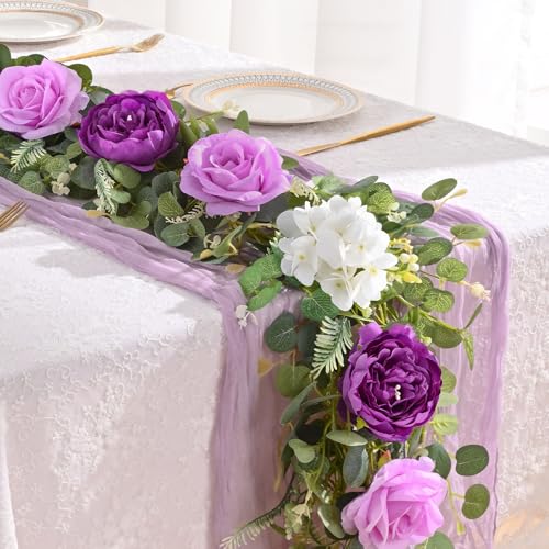 Livole 6 FT Artificial Flower Garland Real Touch Fake Purple Floral Rose Peony Garland with Eucalyptus Flower Hanging Vine for Wedding Table Centerpieces Backdrop Party Arch Home Decorations