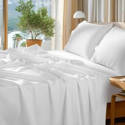 "SONORO KATE 100% Egyptian Cotton Sheets Set - 1000 High Thread Count, Luxury 5-Star Hotel Sateen Bed Sheets, Soft, Breathable Long Staple Sheets, Fit up to 16"" - 4 PC (White,King)"