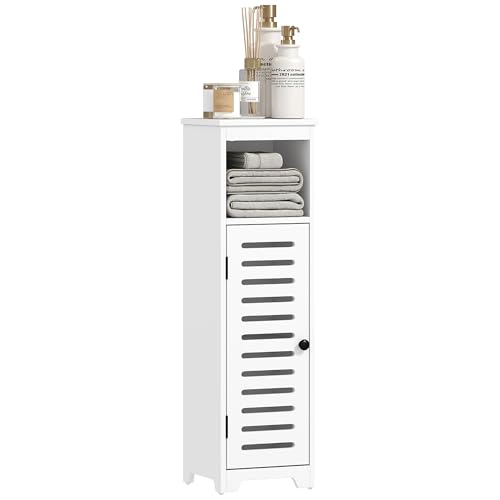 HOMCOM Slim Bathroom Floor Cabinet with Louvered Door, Storage Unit with Open Shelf, Adjustable Shelf, Freestanding Cabinet Storage Cupboard, for Living Room Kitchen, White