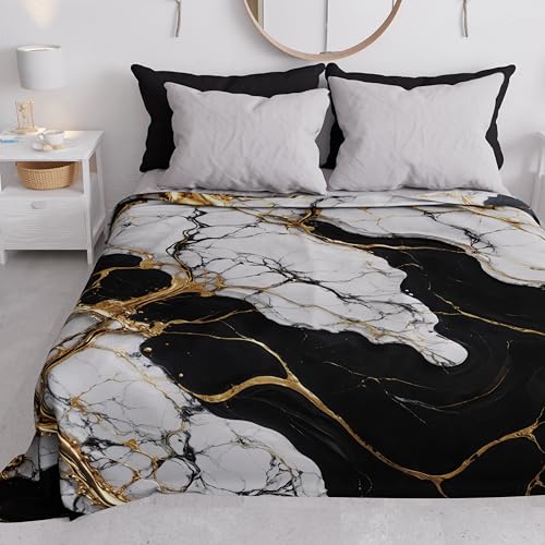 PETTI Artigiani Italiani - Spring-Summer Double Bed Bedspread Lightweight Blanket Double Bed Bed Sheets Black Marble 100% Made in Italy