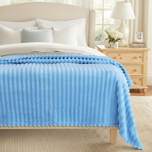 decorUhome Blue Fleece King Blanket 108x90 Inches - Soft Fleece Bed Cozy Fluffy Plush Flannel Large Striped Throws for Couch Sofa, Decorative Fuzzy Blanket for Woman