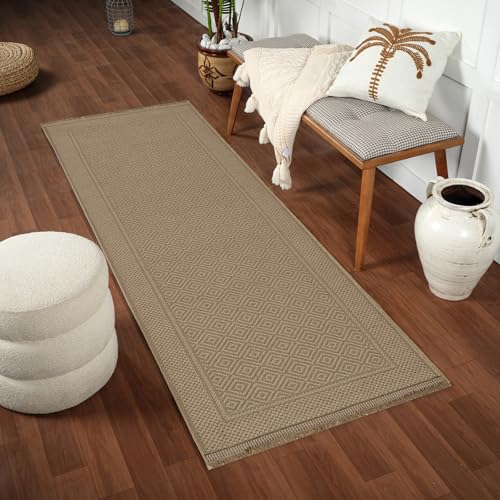Livabliss Drapia Machine Washable Rug - Vintage Runner Rugs Living Room, 79x220 cm - Traditional Boho Rug Style, Dining Room, Kitchen, Outdoor, Hallway - Tan and Beige Rug