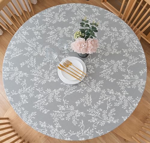 "Pioggia Round Vinyl Fitted Tablecloth with Flannel Backing Elastic Table Cloth Waterproof Oil-Proof Plastic Table Cover Best for 37""-44"" Round"