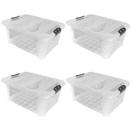 JVL Plastic Secure Clip Lidded Storage Box, Stackable & Nestable, Clear, Set of 4, 40L