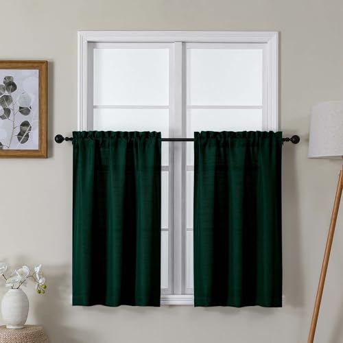 "Lecloud Bessie Hunter Green Kitchen Curtains 36 Inch Length 2 Panels, Classic Faux Linen Cafe Short Curtains, Rustic Airy Tiers Window Treatments for Living Room Laundry Room, Each 30"" W x 36"" L"