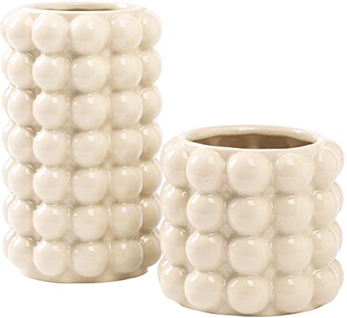 YANWE1 Boho Ceramic Vases - Set of 2 Tall White Bubble Vases for Flowers, Decor, Living Room, Dining Table, Wedding, Mantel