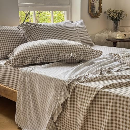 NSNLGSGC Tan Gingham Ruffle Twin Sheet Set - Taupe, Soft Pre-Washed Microfiber, Plaid, 3-Pieces Farmhouse, Deep Pocket