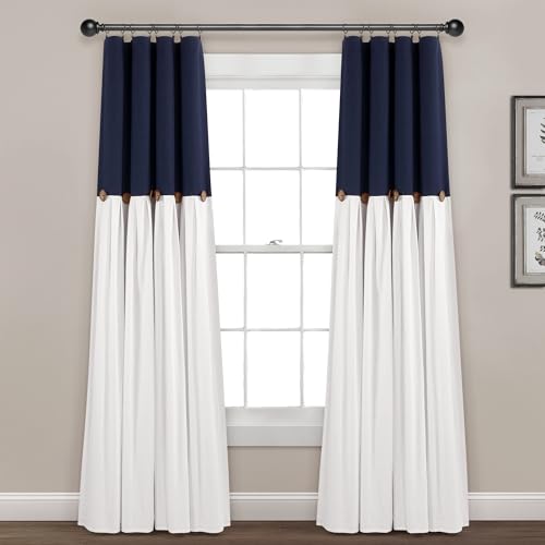 Lush Decor Linen Button 100% Lined Blackout Window Curtain Panel Navy/White Single 40X84