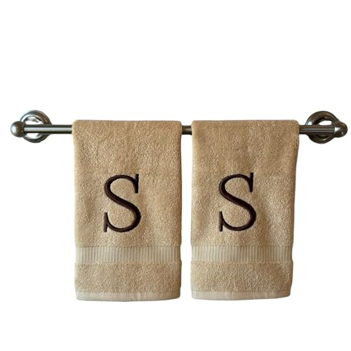 Beige Initial Hand Towel for Bathroom - Monogrammed Luxury Hotel Quality Decorative Embroidered Towel for Powder Room, Spa - GOTS Organic Certified - Set of 2 Brown Letter S