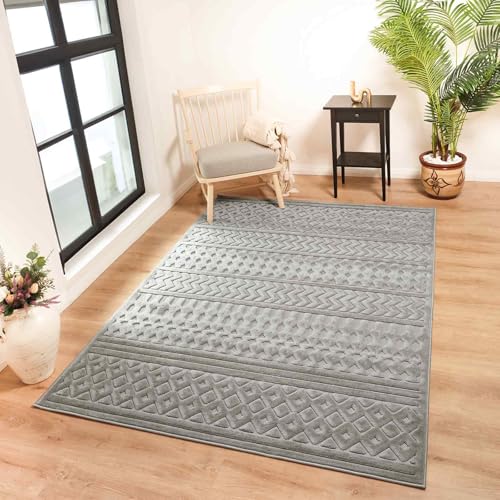 Livabliss Tucson Indoor Outdoor - Large Boho for Living Room 120x170 cm Dining, Kitchen Carpet, Patterned Neutral & Coloured, Waterproof, Stain Durable - Neutral Grey
