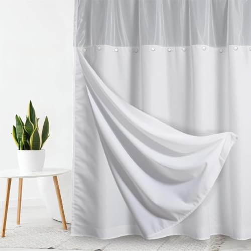 "QGHOT Waterproof Fabric Snap in Shower Curtain Liner Replacement 71 W x 54"" L for 71"" W x 74"" L Hookless Shower Curtain - Removable & Detachable to Wash"