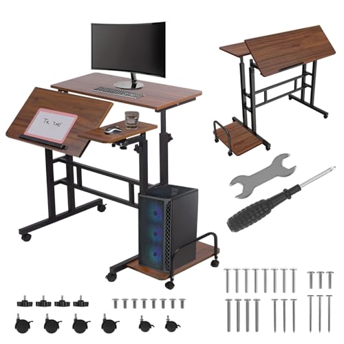 Maclean Adjustable mobile desk MC-124 with castors, tiltable top 80x60 cm, height adjustable 67-115 cm, load capacity 50 kg, ergonomically designed side shelf, home, office, studio (Black)