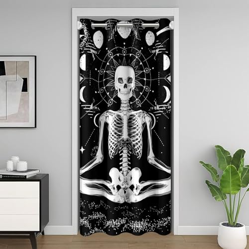 "Erosebridal Skull Blackout Curtain, Gothic Skeleton Door Drape With Stars Moon, 42"" W X 80"" L, Moon Phase Psychedelic Geometric Closet Curtain, Black White Decor for Home Bedroom"
